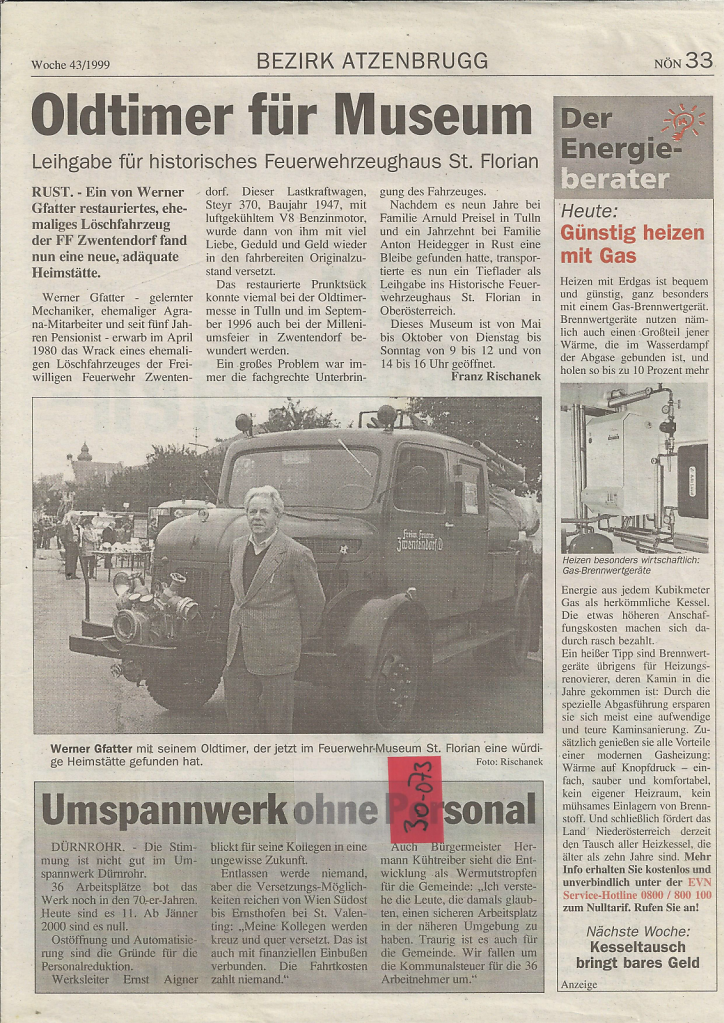 Zeitungsartikel zu Leihgabe Oldtimer Feuerwehrauto für Museum St. Florian