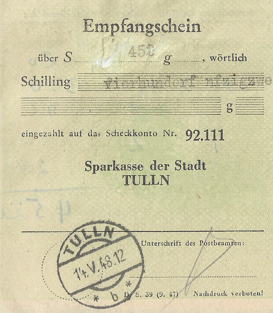 Volksschulspendenaktion Rust 1948 - Empfangsschein der Sparkasse Tulln Öst.Schilling 452,- , 14.5.1948