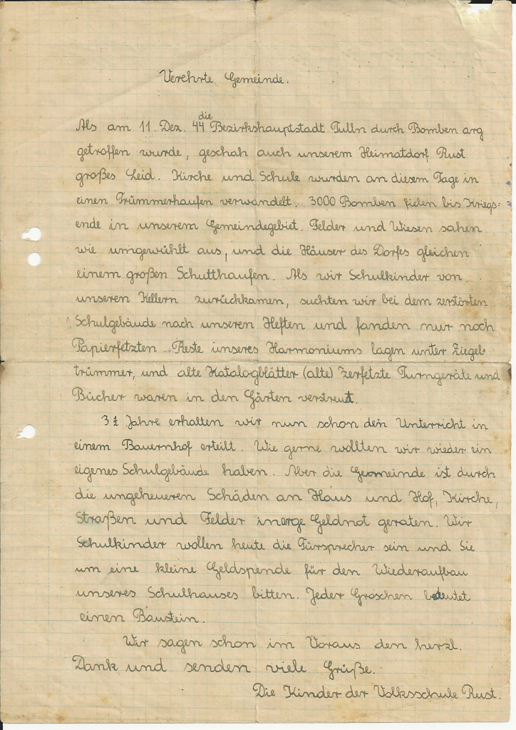 Volksschulspendenaktion Rust 1948 - Brief der Volksschulkinder Rust an eine Gemeinde