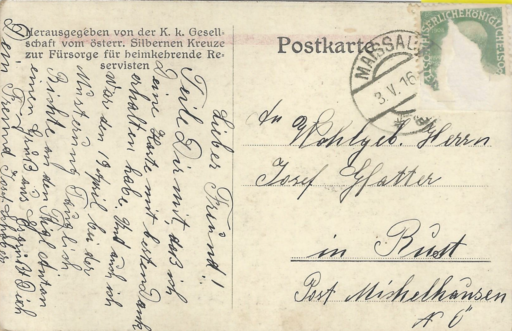 Postkarte aus 1. Weltkrieg "Auf treuer Wacht g'en Feindes Macht!" - Rückseite