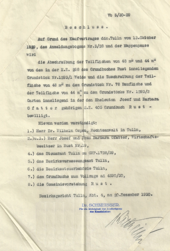 Bezirksgerichtsbeschluss zur Grundbuchsbewilligung für Josef und Barbara Gfatter vom 20.12.1930