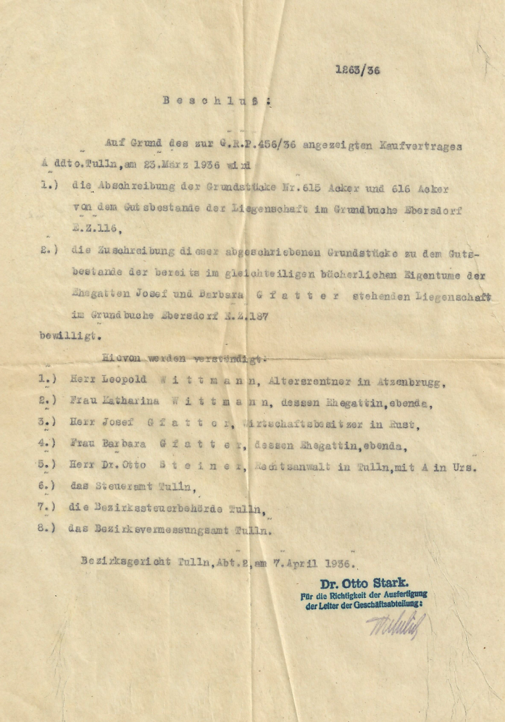 Bezirksgerichtsbeschluss zur Grundbuchsbewilligung für Josef und Barbara Gfatter vom 07.04.1936