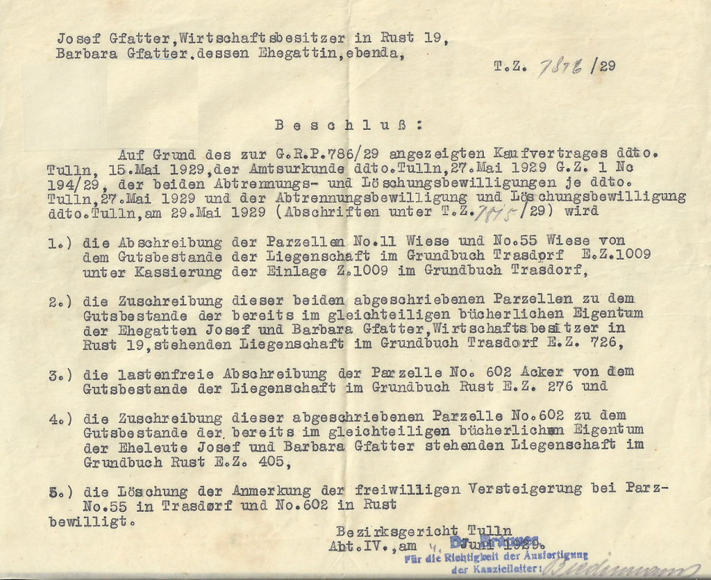 Bezirksgerichtsbeschluss zur Grundbuchsbewilligung für Josef und Barbara Gfatter vom 04.06.1929