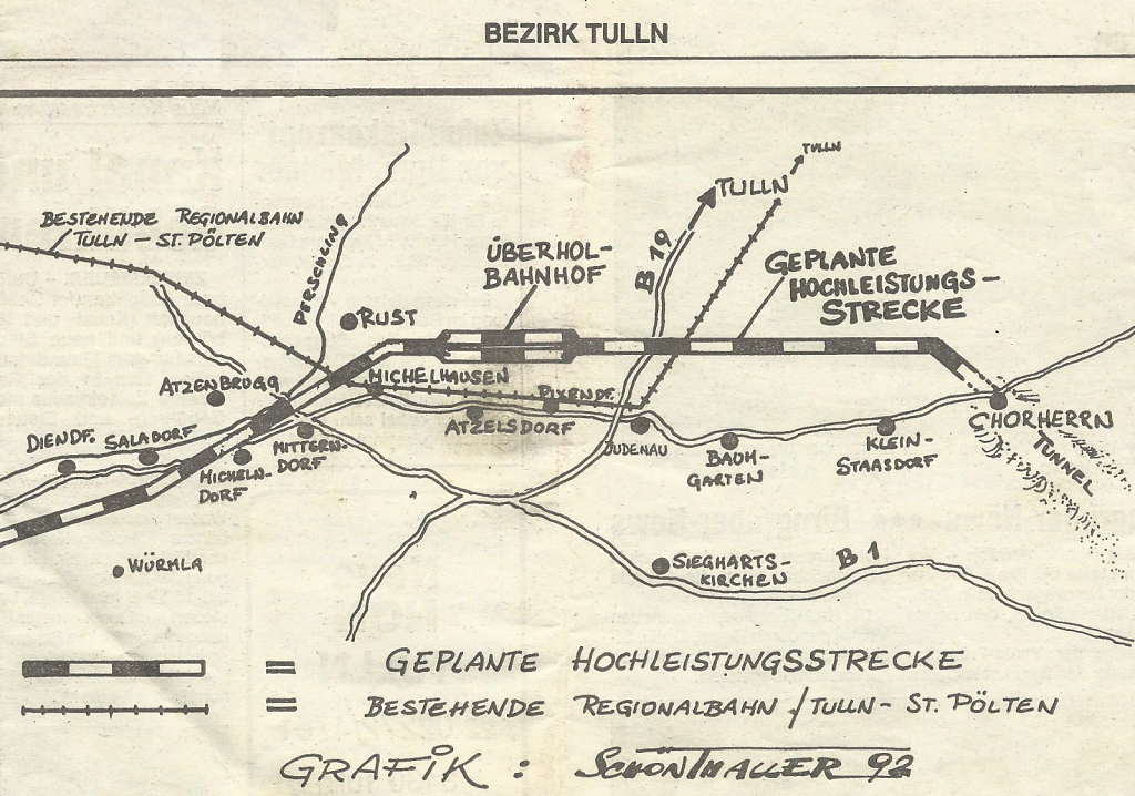 Plan der Hochleistungsstrecke (Version mit Überholbahnhof bei Rust!)