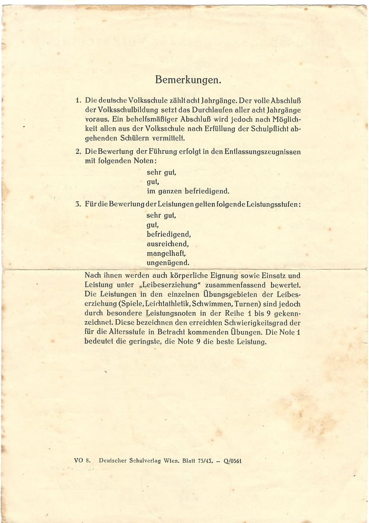 Entlassungszeugnis der Josefa Gfatter aus der Volksschule Rust - Rückseite