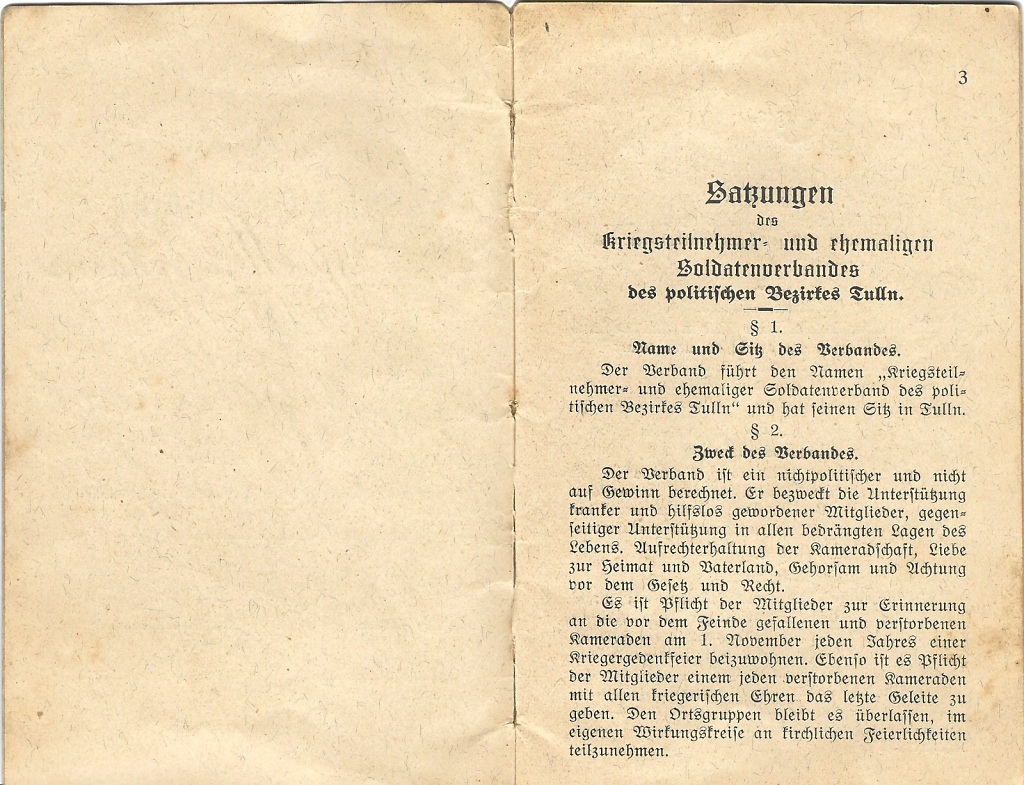 Satzungen des Kriegsteilnehmer- und ehemaligen Soldatenverbandes des politischen Bezirkes Tulln des Johann Gfatter aus Rust -Seite 2 u. 3