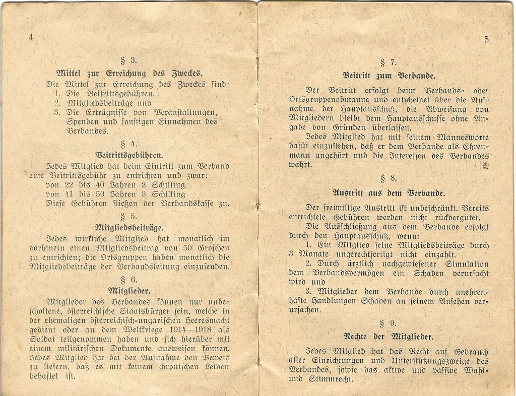 Satzungen des Kriegsteilnehmer- und ehemaligen Soldatenverbandes des politischen Bezirkes Tulln des Johann Gfatter aus Rust -Seite 4 u. 5