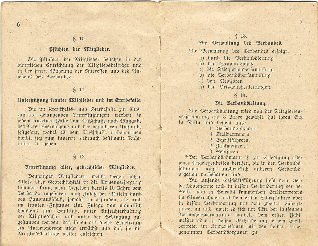 Satzungen des Kriegsteilnehmer- und ehemaligen Soldatenverbandes des politischen Bezirkes Tulln des Johann Gfatter aus Rust -Seite 6 u. 7