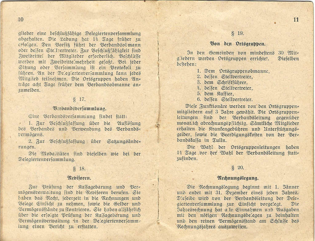 Satzungen des Kriegsteilnehmer- und ehemaligen Soldatenverbandes des politischen Bezirkes Tulln des Johann Gfatter aus Rust -Seite 10 u. 113