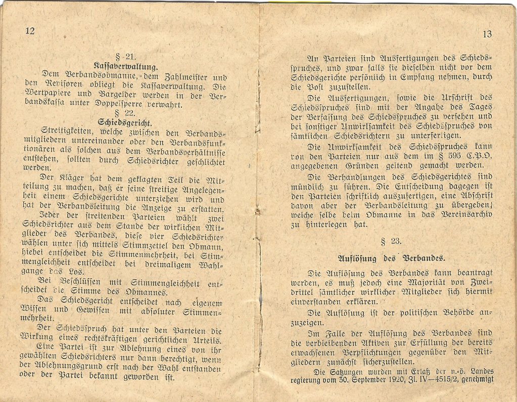 Satzungen des Kriegsteilnehmer- und ehemaligen Soldatenverbandes des politischen Bezirkes Tulln des Johann Gfatter aus Rust -Seite 12 u. 13