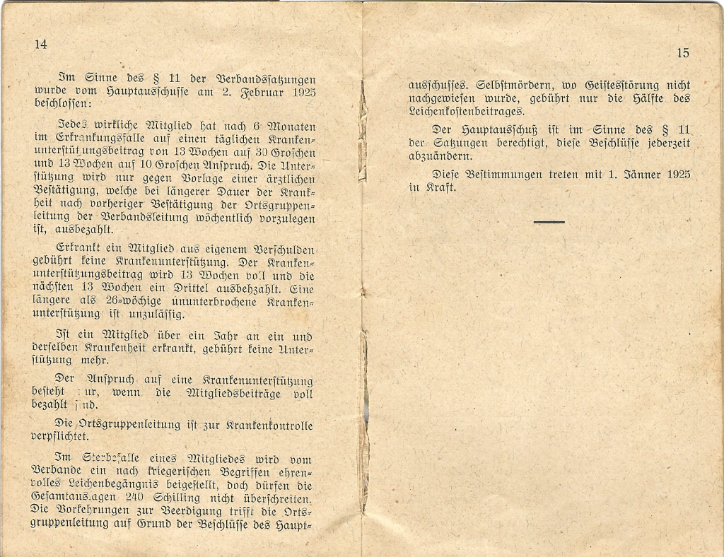 Satzungen des Kriegsteilnehmer- und ehemaligen Soldatenverbandes des politischen Bezirkes Tulln des Johann Gfatter aus Rust -Seite 14 u. 15