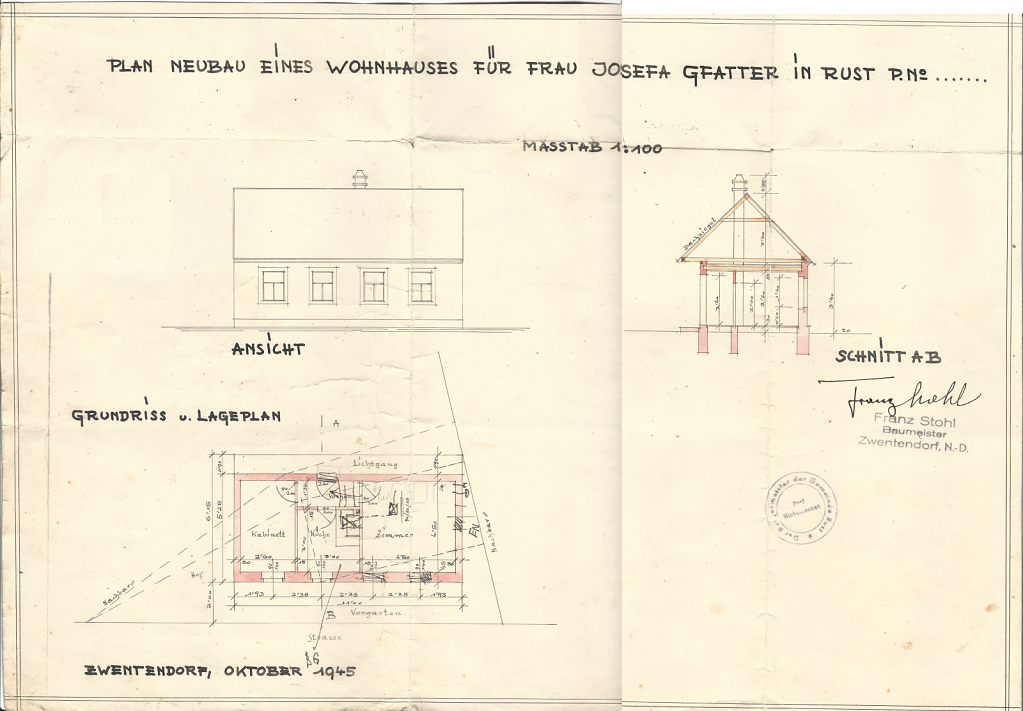 Hausplan für Neubau eines Wohnhaus für Josefa Gfatter, Rust Nr. 98 (Kirchengasse 9)