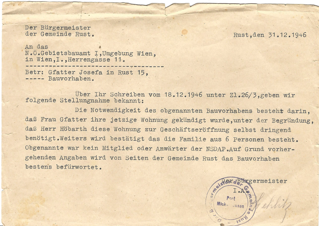 Brief des Ruster Bürgermeisters Leopold Rödl an das N.Ö. Gebietsbauamt in Wien für das Bauvorhaben der Josefa Gfatter