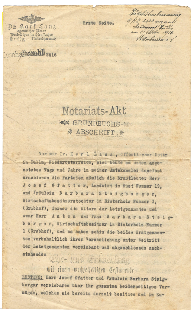 Notariats-Akt Grundbuchsabschrift zum Ehe- und Erbvertrag der Brautleute Barbara (geb. Steigberger) und Josef Gfatter - Seite 1