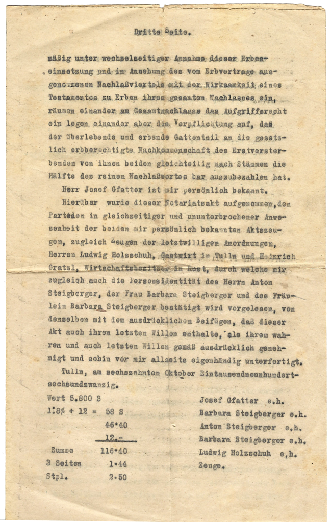 Notariats-Akt Grundbuchsabschrift zum Ehe- und Erbvertrag der Brautleute Barbara (geb. Steigberger) und Josef Gfatter - Seite 3