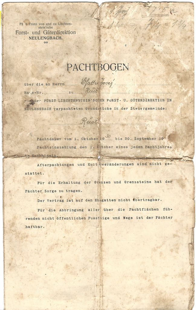 Pachtbogen des Herrn Josef Gfatter mit der Fürst Franz von und zu Liechtenstein'sche Forst und Güterdirektion Neulengbach - Seite 1