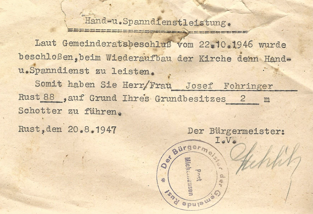 Aufforderung lt Gemeinderatsbeschluss zur Spanndienstleistung beim Wiederaufbau der Kirche vom 20.8.47