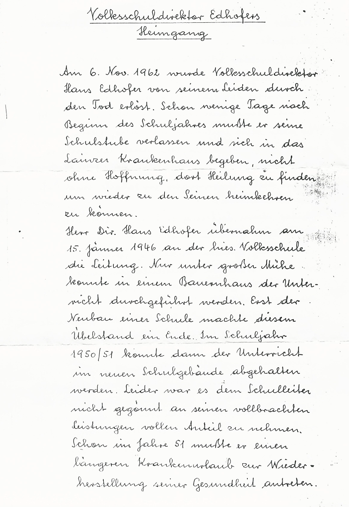 handschriftlicher Nachruf für Lehrer Edhofer - Seite 1