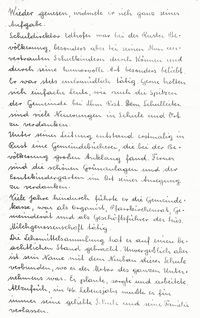 handschriftlicher Nachruf für Lehrer Edhofer - Seite 2  