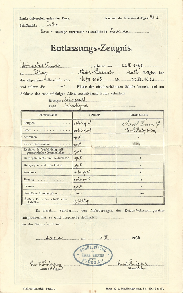 Entlassungszeugnis Leopold Schmutzer aus der Volksschule Judenau vom 6.11.1923 (für Schulbesuch von 1905 bis 1913)